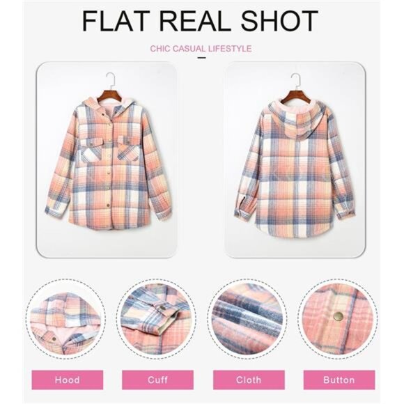 Womens Plaid Shacket Jacket Long Sleeve Button Down Fleece Hooded Jackets - Picture 5 of 6